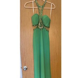 Sherri Hill A Line Green Gown with Jeweled Halter Neck
